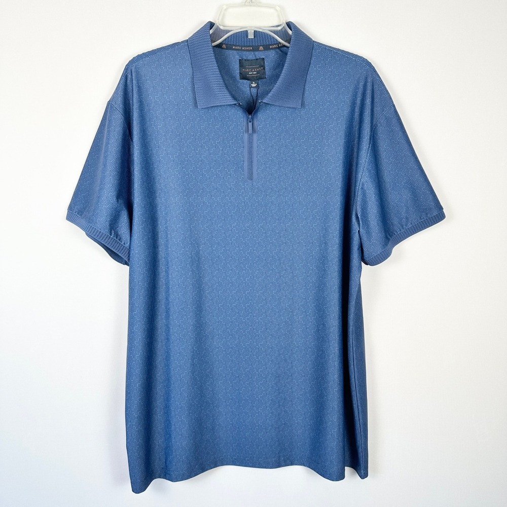 NWT Marc Asher Quarter Zip Polo Shirt Mens XL Blue Geo‎ Print Short Sleeve Golf